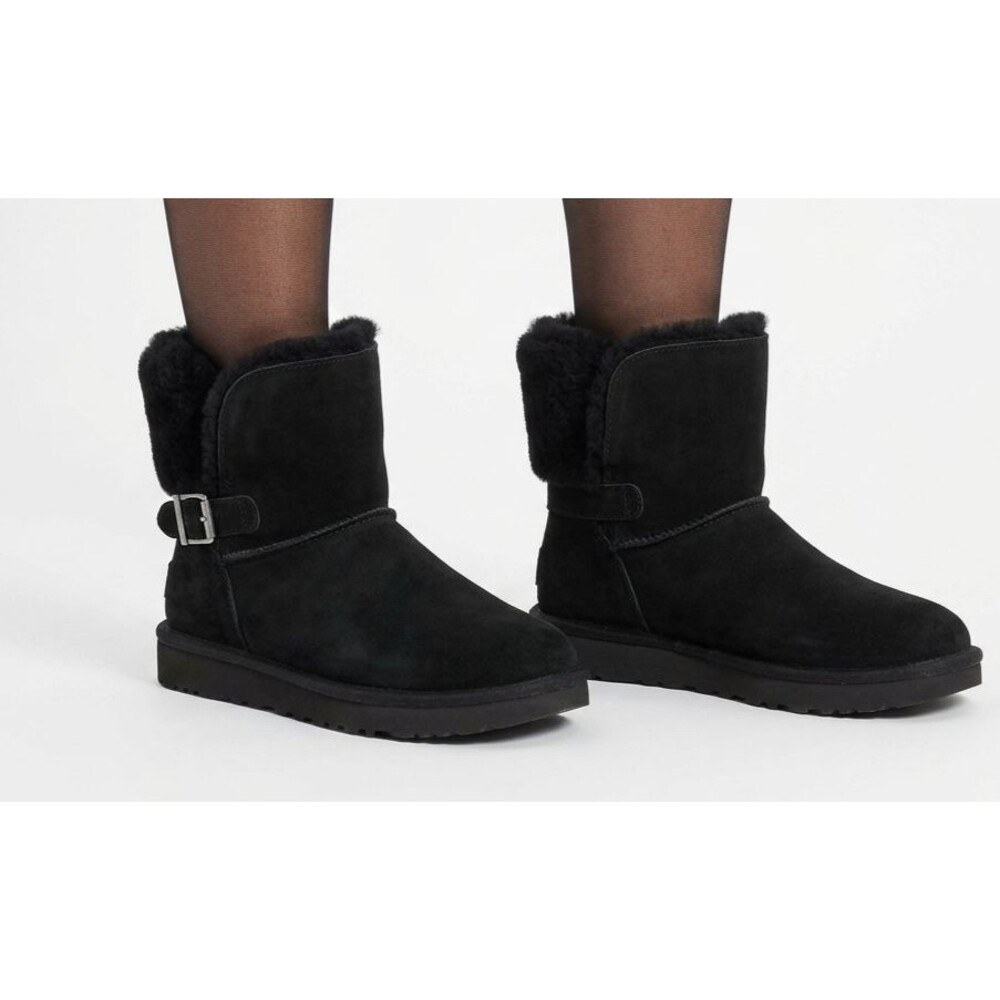 UGG Karel Black Suede Shearling Boots Womens Size 9 Ankle Winter Belted 1019639